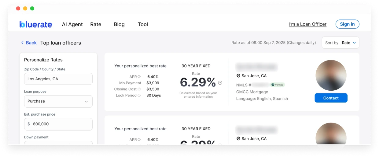 BlueRate.ai page where borrowers find a loan officer