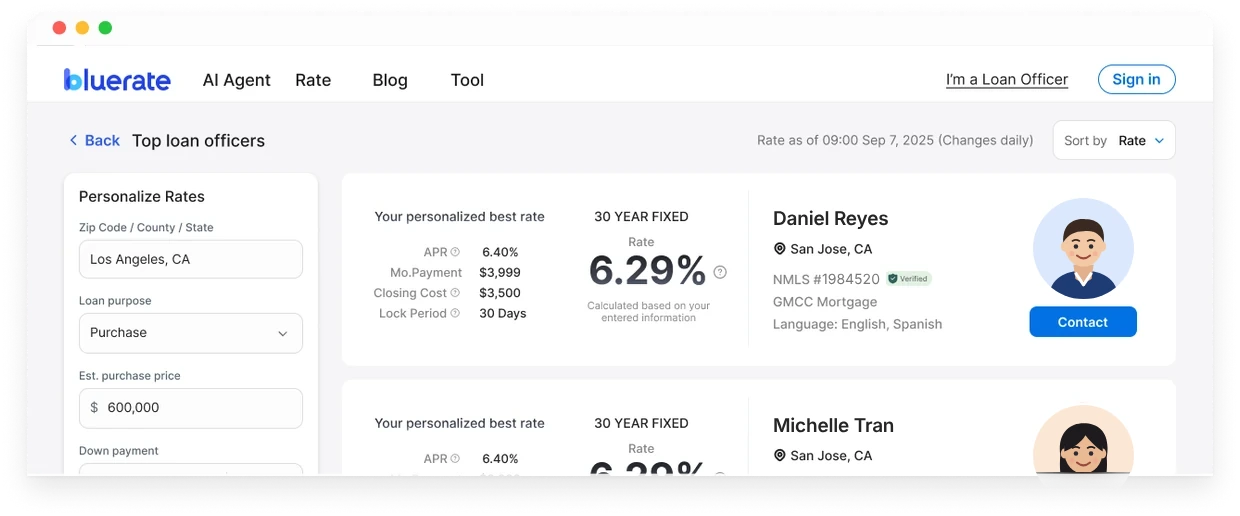 A loan officer's BlueRate.ai page, where borrowers look for a loan officer