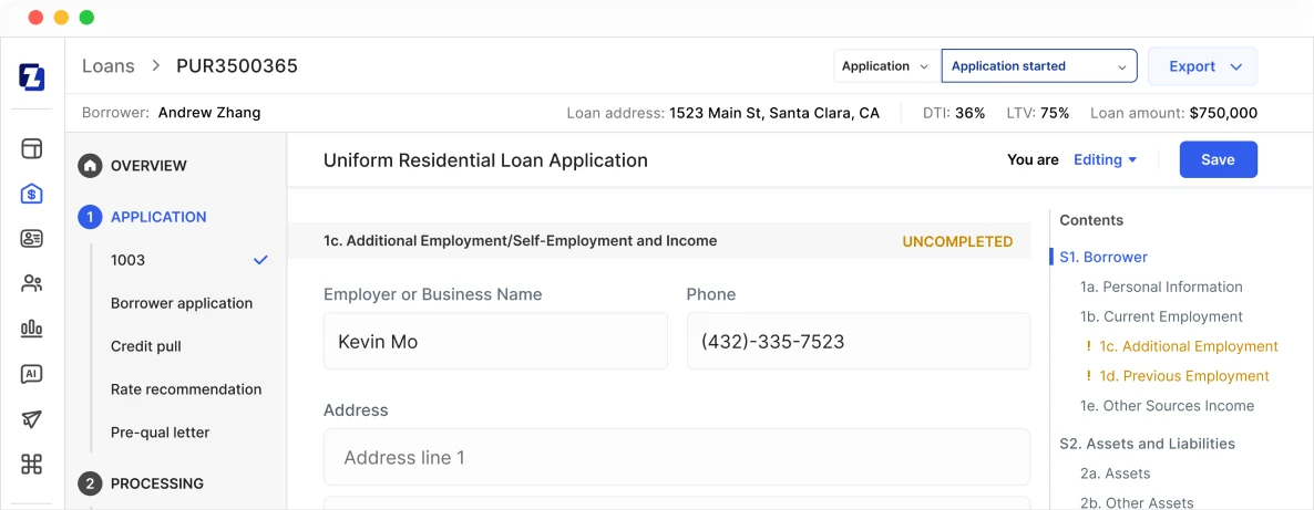 Digital 1003 showing a Uniform Residential Loan Application with its sections