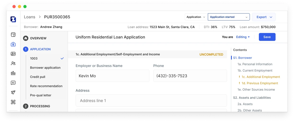 Zeitro Digital 1003 showing a borrower's Uniform Residential Loan Application
