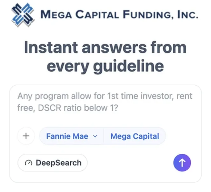 Mega Capital Funding's Zeitro Strata guideline search with a DSCR question typed in and the Fannie Mae and Mega Capital guidelines selected