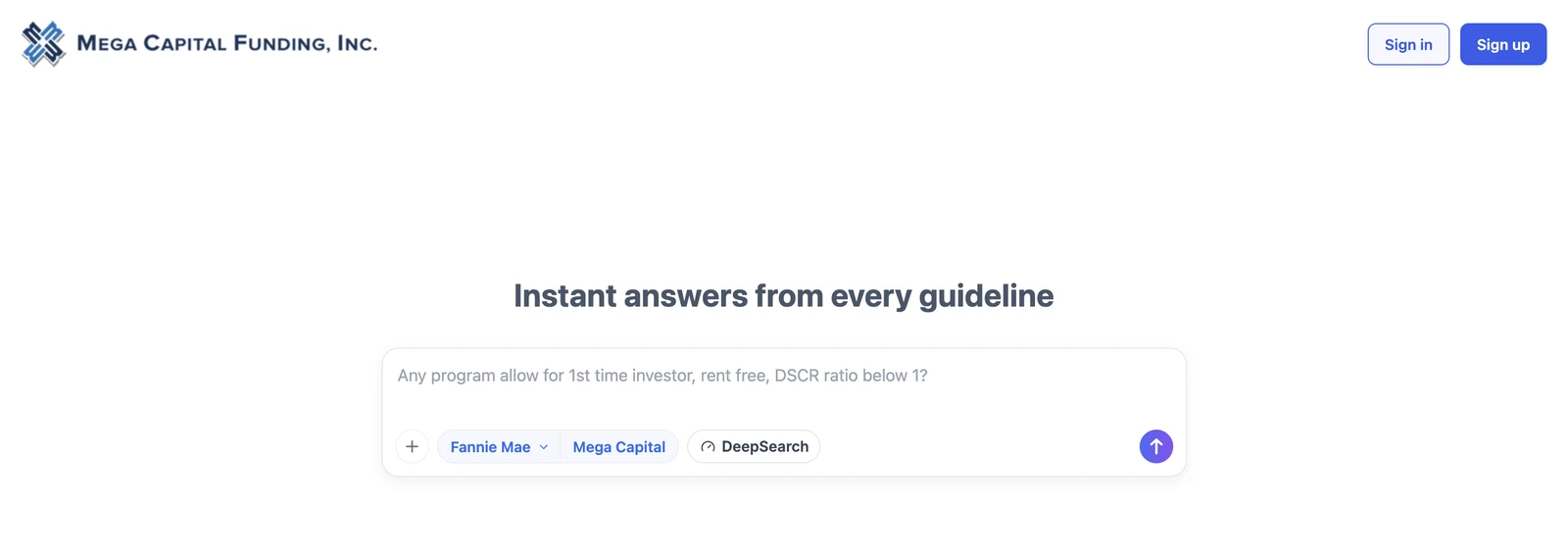Mega Capital Funding's Zeitro Strata guideline search, built on Zeitro, with Fannie Mae and Mega Capital guidelines selected