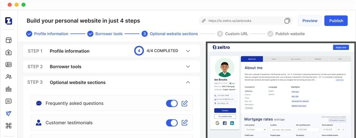 Personal website builder with a live preview of a loan officer's page