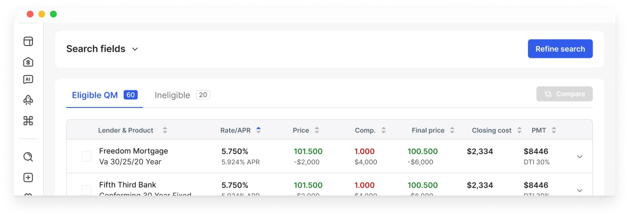 Zeitro Pricing Engine listing eligible loan programs with rate, price and closing costs