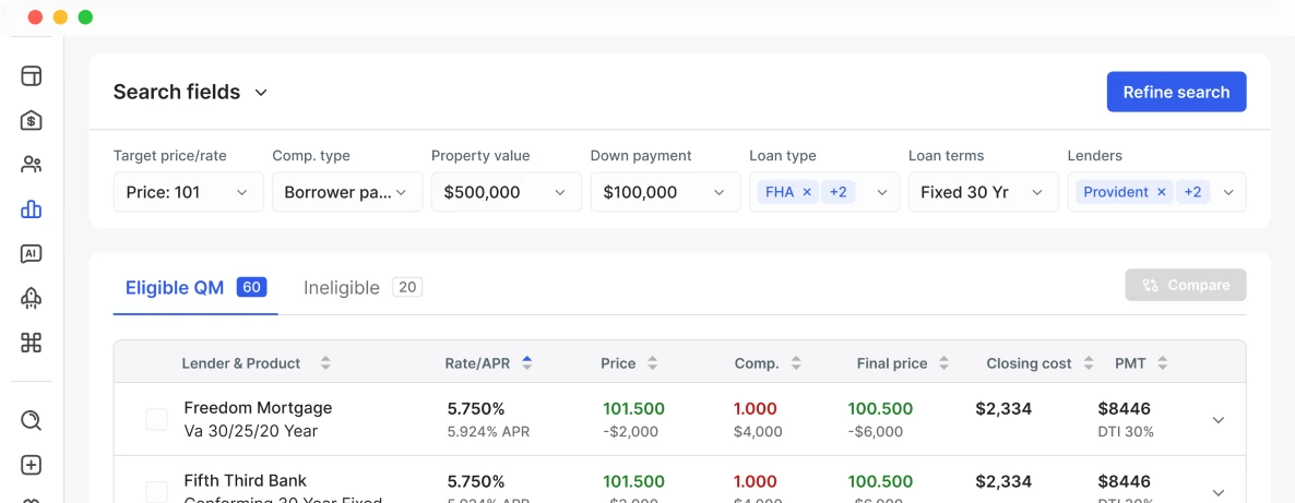 Pricing Engine search with eligible loan programs, rates and prices side by side