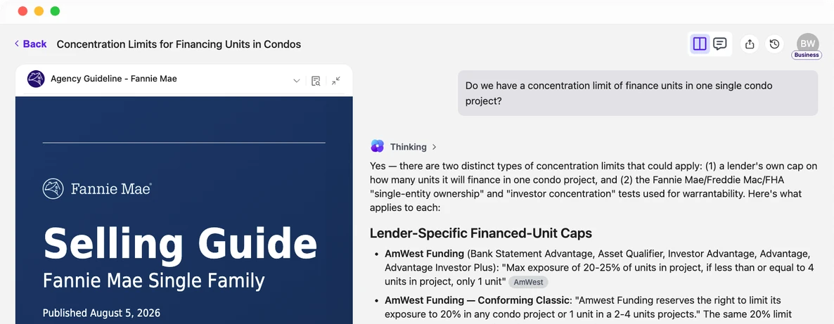 Zeitro Strata answering a condo concentration question, with the Fannie Mae guideline it used open beside the answer