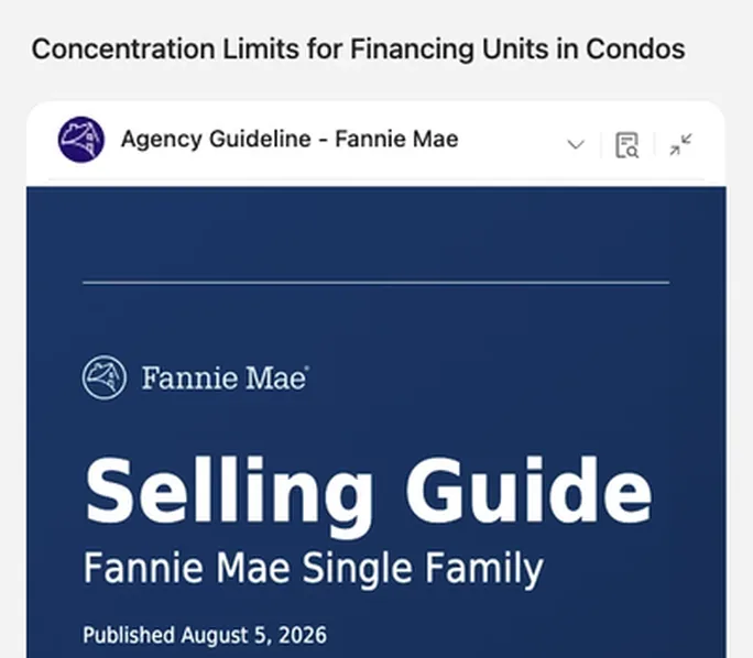 The Fannie Mae Selling Guide open in Zeitro Strata beside an answer on concentration limits for condos