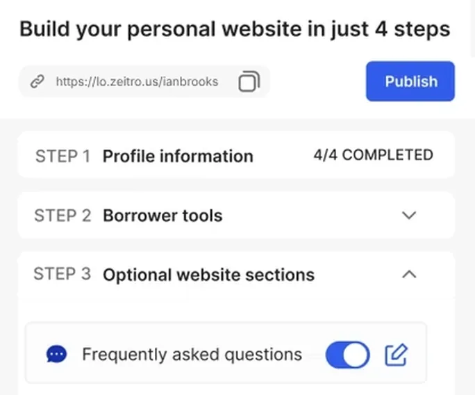Personal website builder: the site's web address, a Publish button, and the steps for profile, borrower tools and website sections
