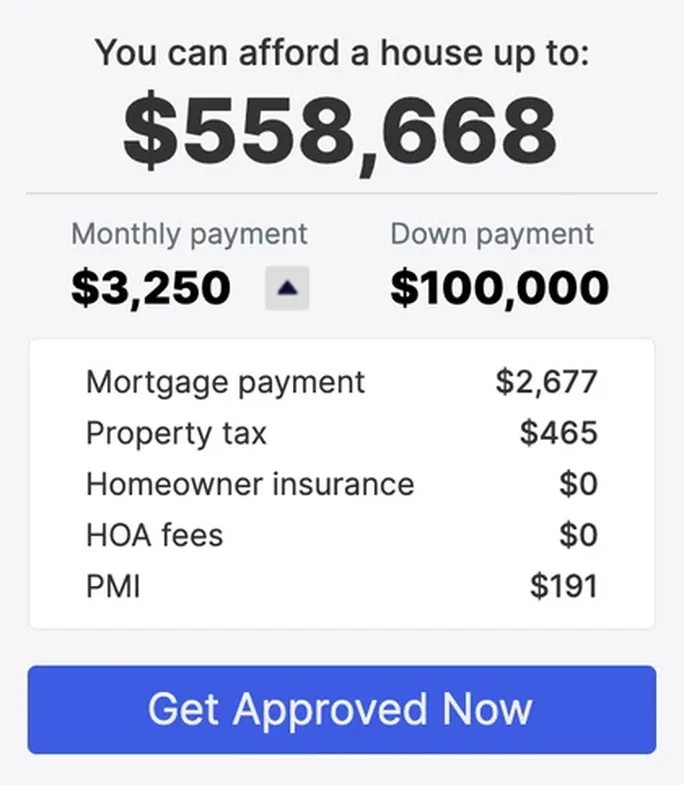 Affordability calculator widget on Silicon City Mortgage's website: the home price a borrower can afford, the monthly payment breakdown and Get Approved Now
