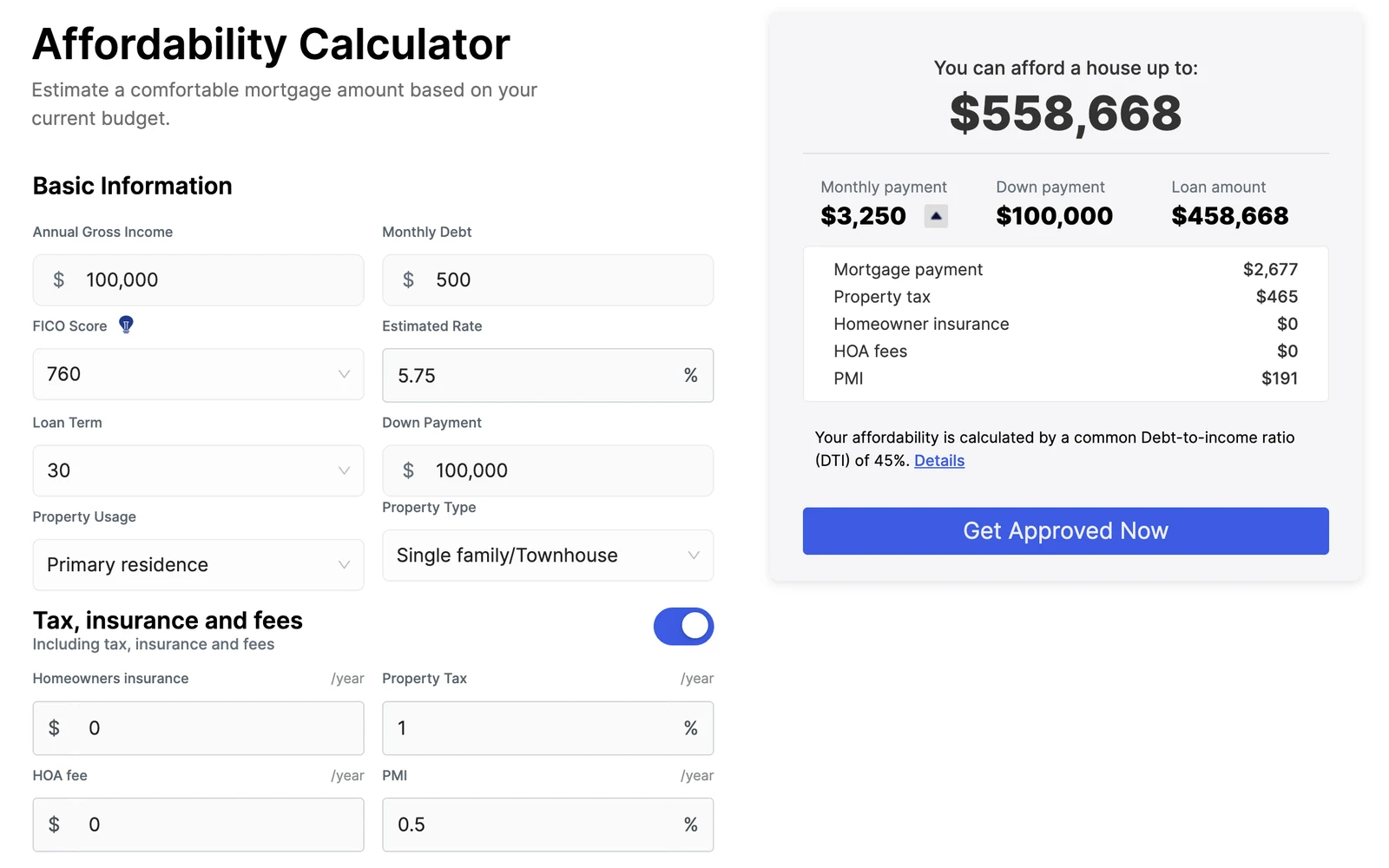 Affordability calculator widget on Silicon City Mortgage's website, showing the home price a borrower can afford and the monthly payment breakdown