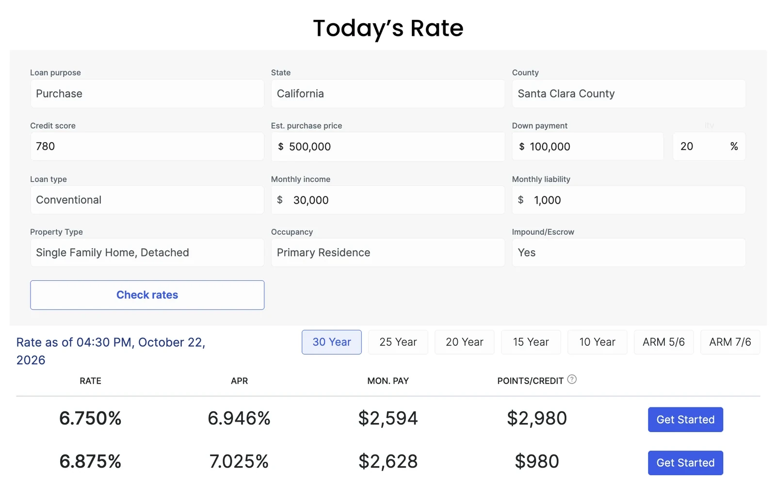 Mortgage rate search widget on Silicon City Mortgage's website: a scenario form and a table of rates, APR, monthly payment and points